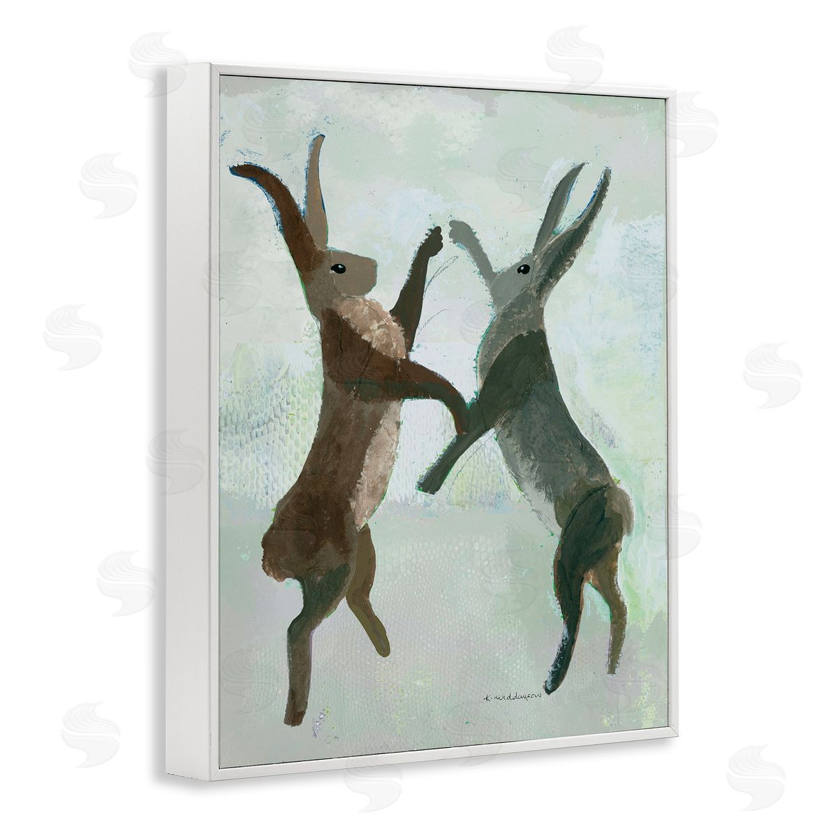 Boxing Hares in Neutral Tones White Frame Print Wall Art, Home Decor by Kay Widdowson