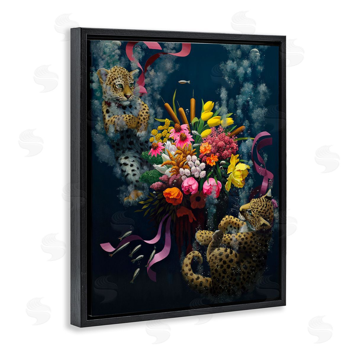 Bouquet with Leopards Underwater Black Floating Frame Canvas Wall Art, Home Decor by Heather Gauthier
