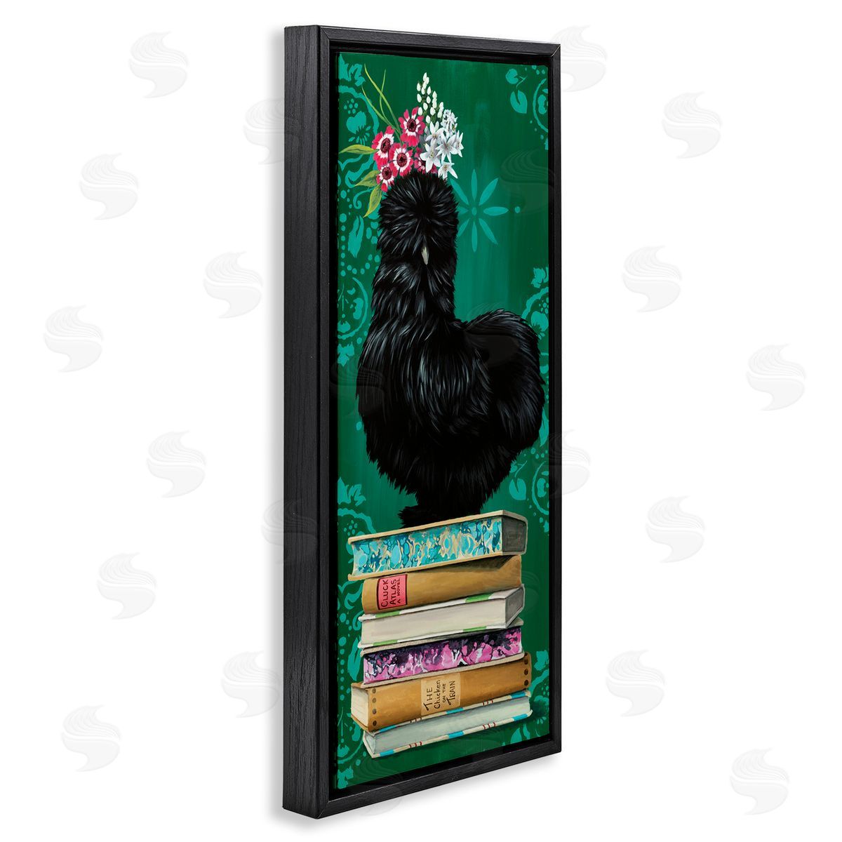 Country Chicken on Bookstack Black Floating Frame Canvas Wall Art, Home Decor by Heather Gauthier