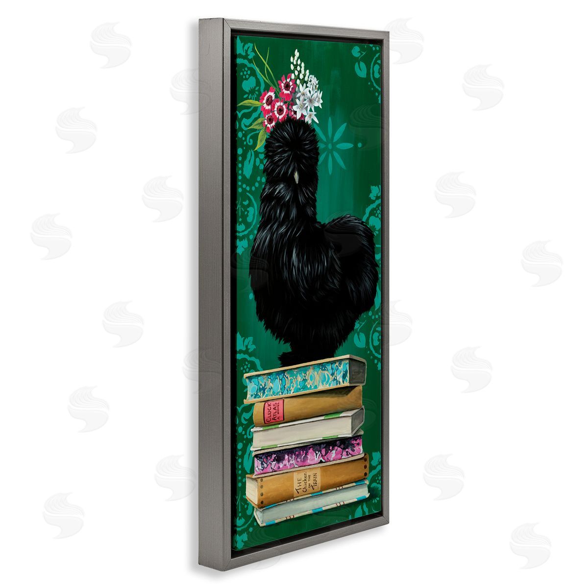 Country Chicken on Bookstack Grey Floating Frame Canvas Wall Art, Home Decor by Heather Gauthier