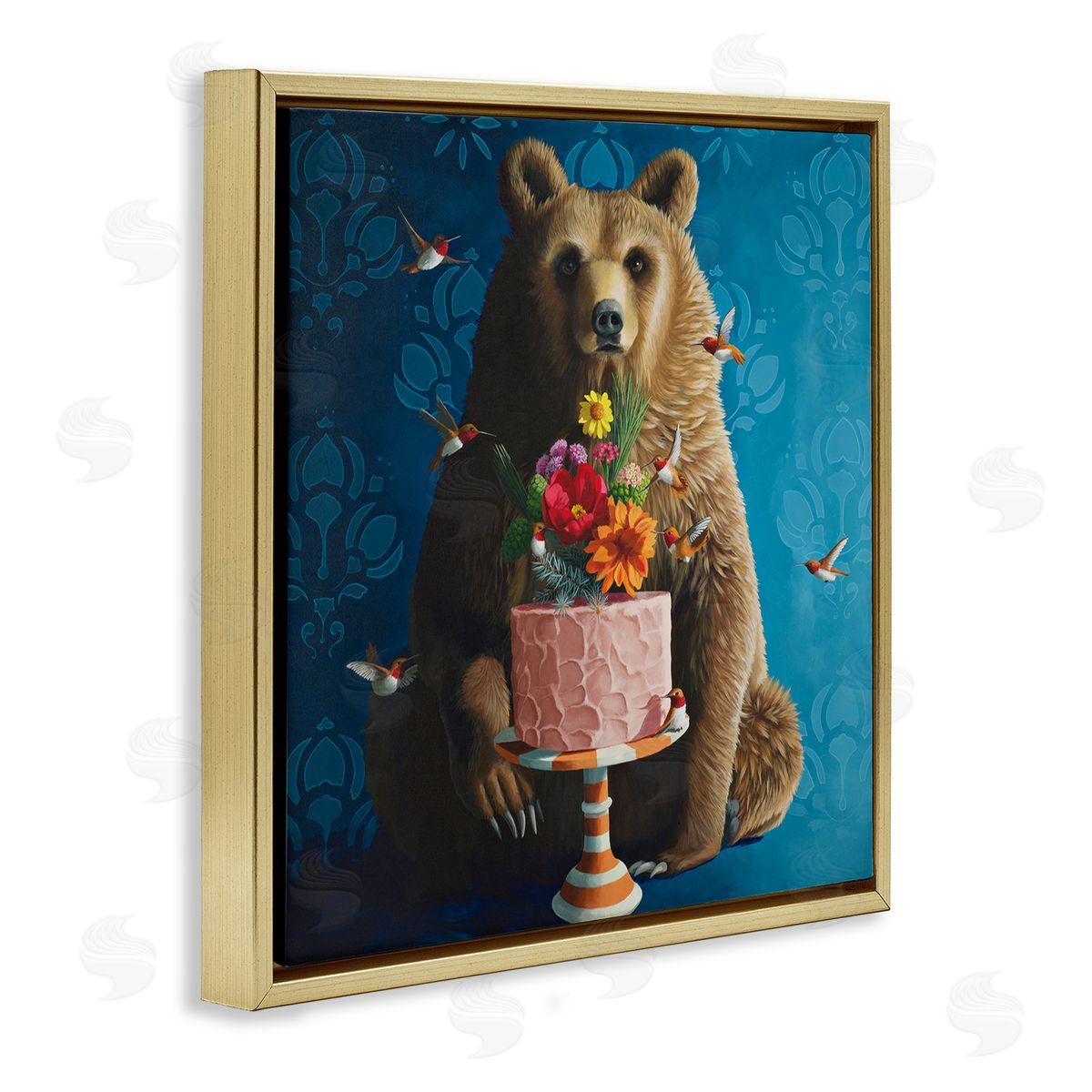 Bear with Sweet Dessert Cake Gold Floating Frame Canvas Wall Art, Home Decor by Heather Gauthier