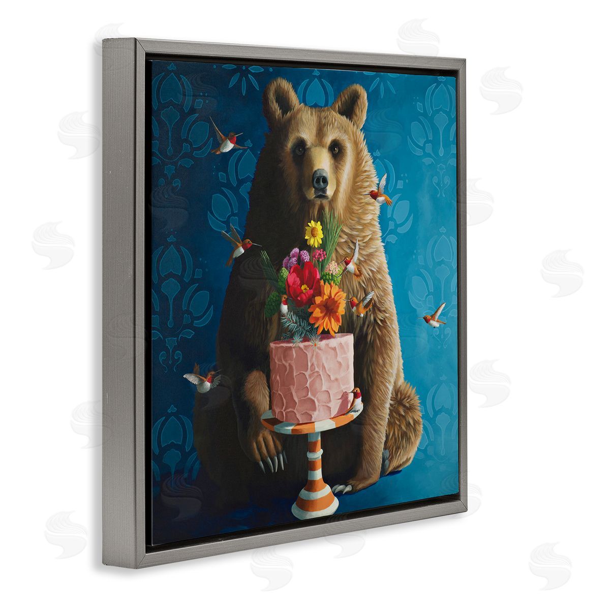 Bear with Sweet Dessert Cake Grey Floating Frame Canvas Wall Art, Home Decor by Heather Gauthier