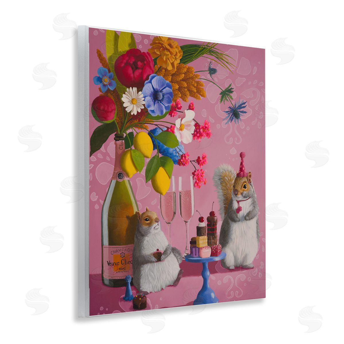 Party Hat Squirrels & Bouquet Wood Plaque Wall Art, Home Decor by Heather Gauthier