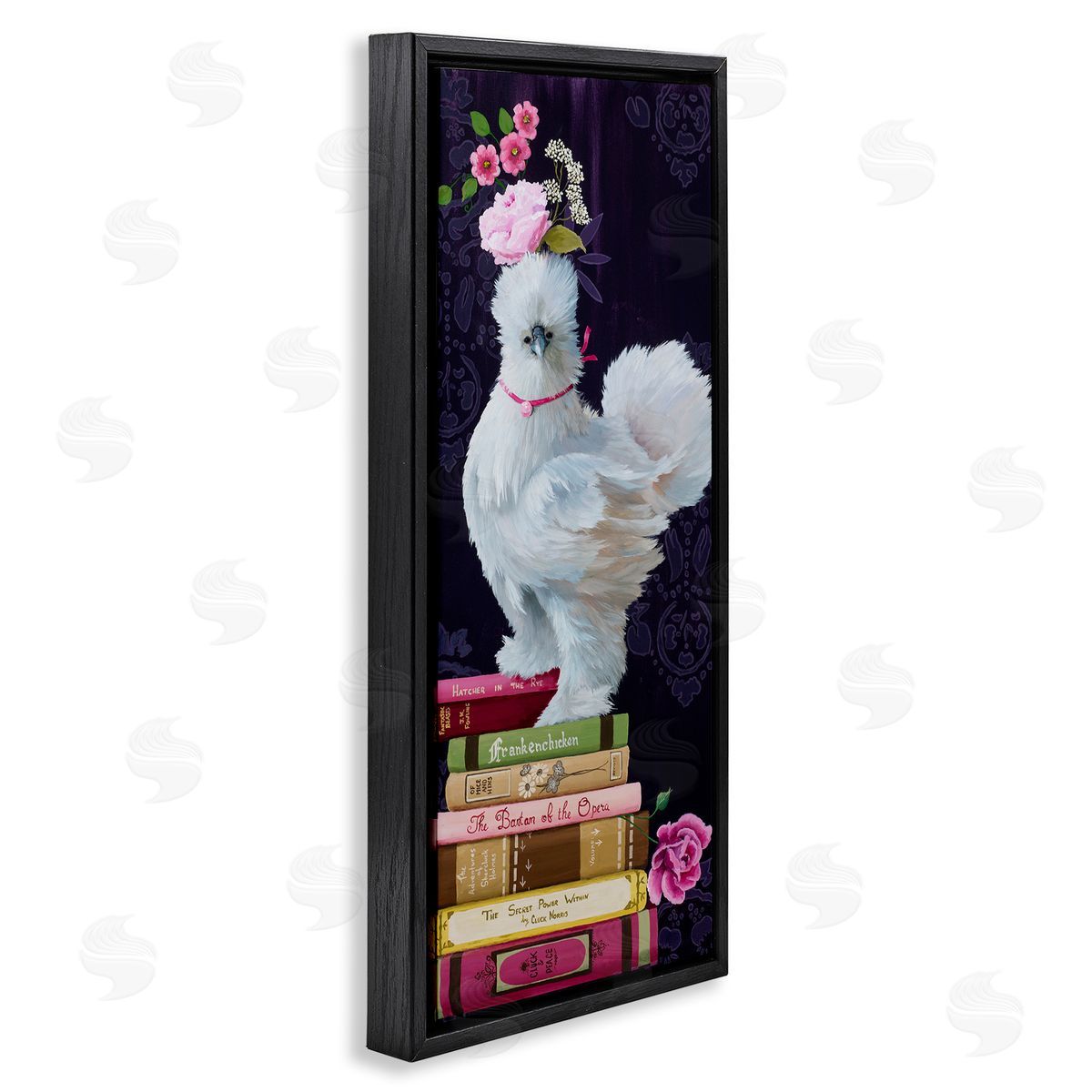 Fancy Vintage Chicken with Books Black Floating Frame Canvas Wall Art, Home Decor by Heather Gauthier