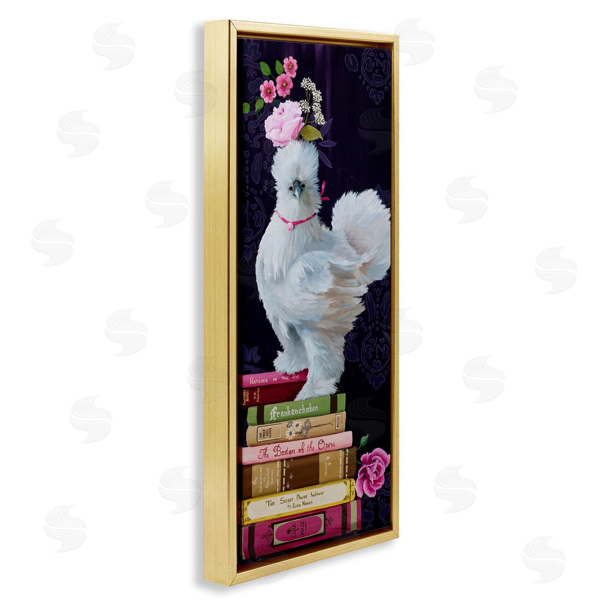 Fancy Vintage Chicken with Books Gold Floating Frame Canvas Wall Art, Home Decor by Heather Gauthier
