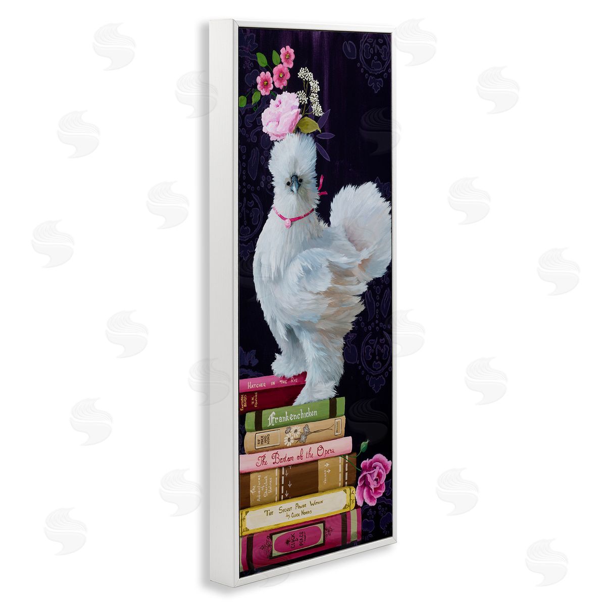 Fancy Vintage Chicken with Books White Frame Print Wall Art, Home Decor by Heather Gauthier