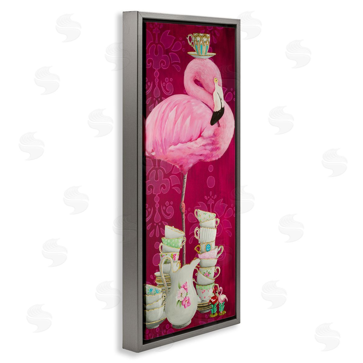 Flamingo with Antique Teacups Grey Floating Frame Canvas Wall Art, Home Decor by Heather Gauthier