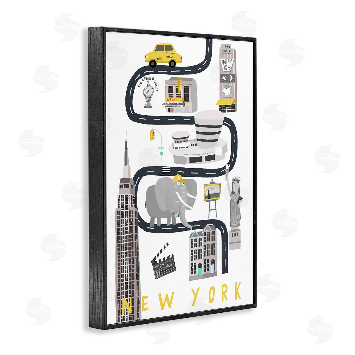 New York Whimsical Travel City Black Frame Print Wall Art, Home Decor by Carla Daly