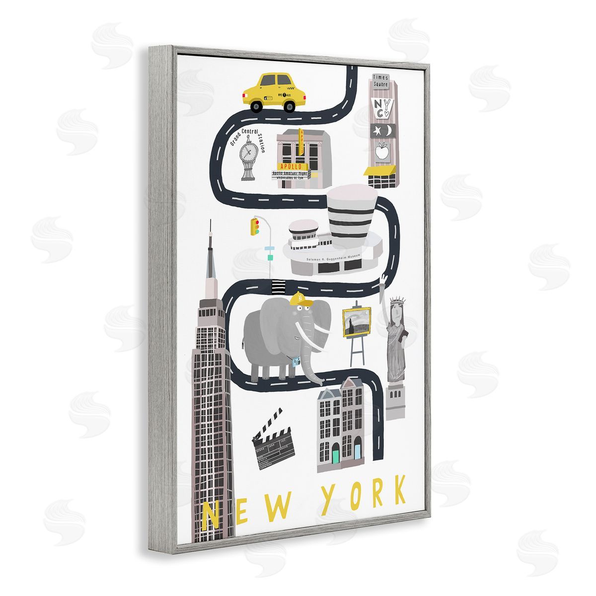 New York Whimsical Travel City Grey Frame Print Wall Art, Home Decor by Carla Daly