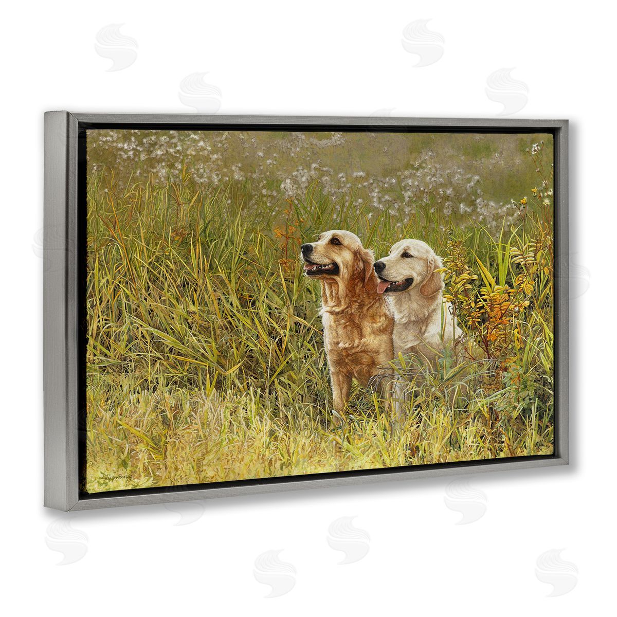 Happy Dogs Field Day Grey Floating Frame Canvas Wall Art, Home Decor by Sueellen Ross