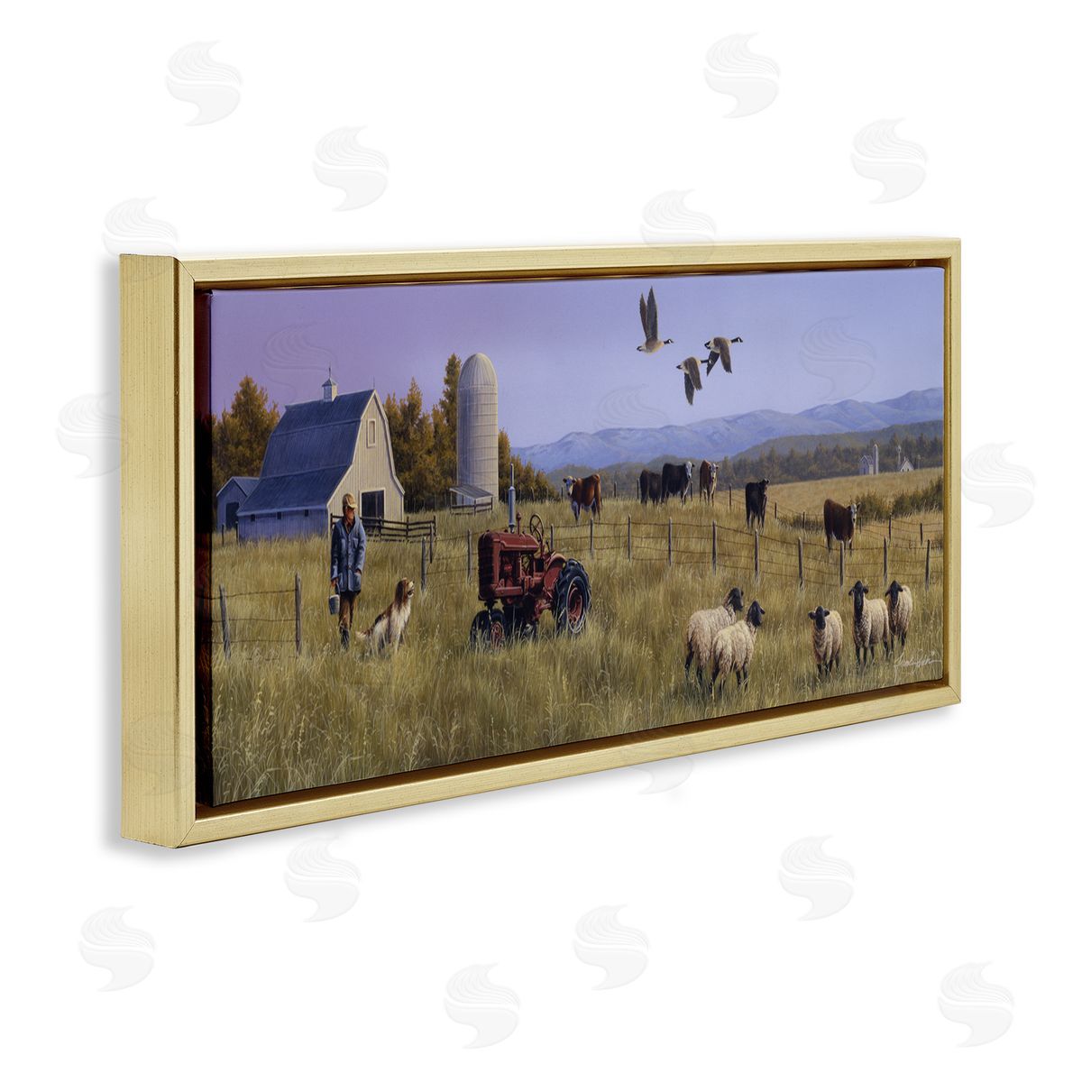 Geese Over Lush Farm Scene Gold Floating Frame Canvas Wall Art, Home Decor by Frank Parker (Young)