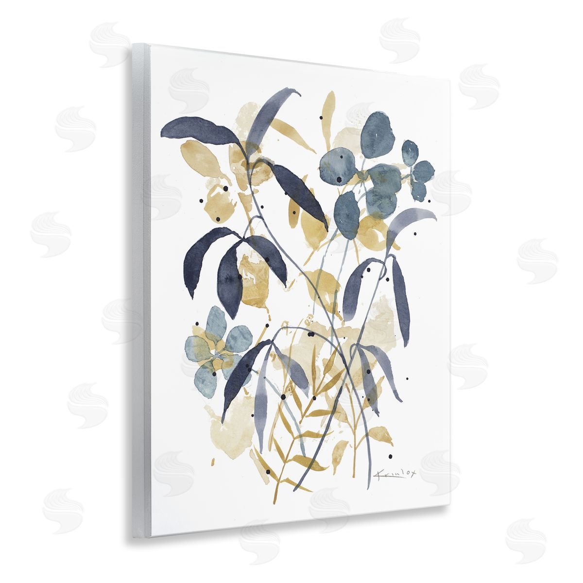 Blue & Yellow Plant Impressions Wood Plaque Wall Art, Home Decor by Krinlox