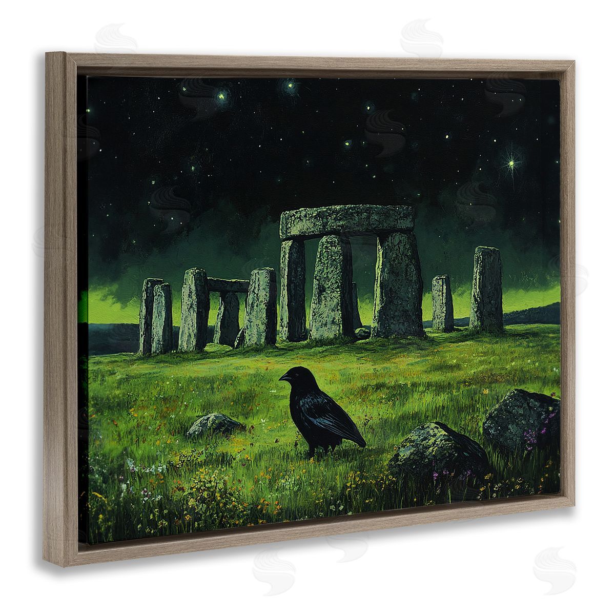 Crow & Stonehenge at Night Brown Floating Frame Canvas Wall Art, Home Decor by Tom Crehan