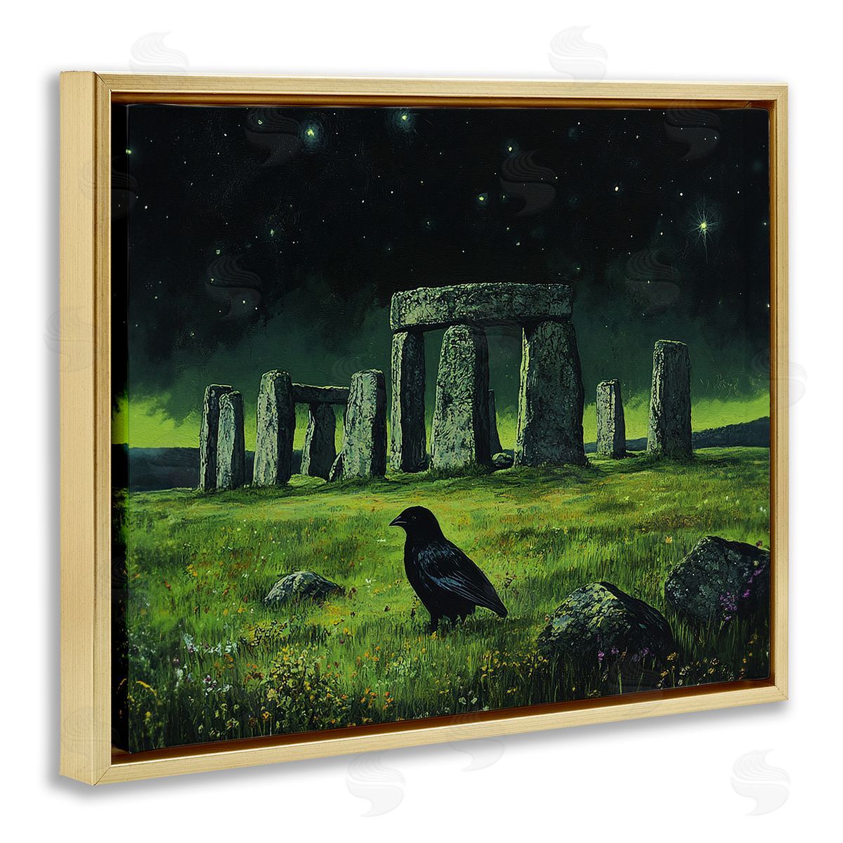 Crow & Stonehenge at Night Gold Floating Frame Canvas Wall Art, Home Decor by Tom Crehan