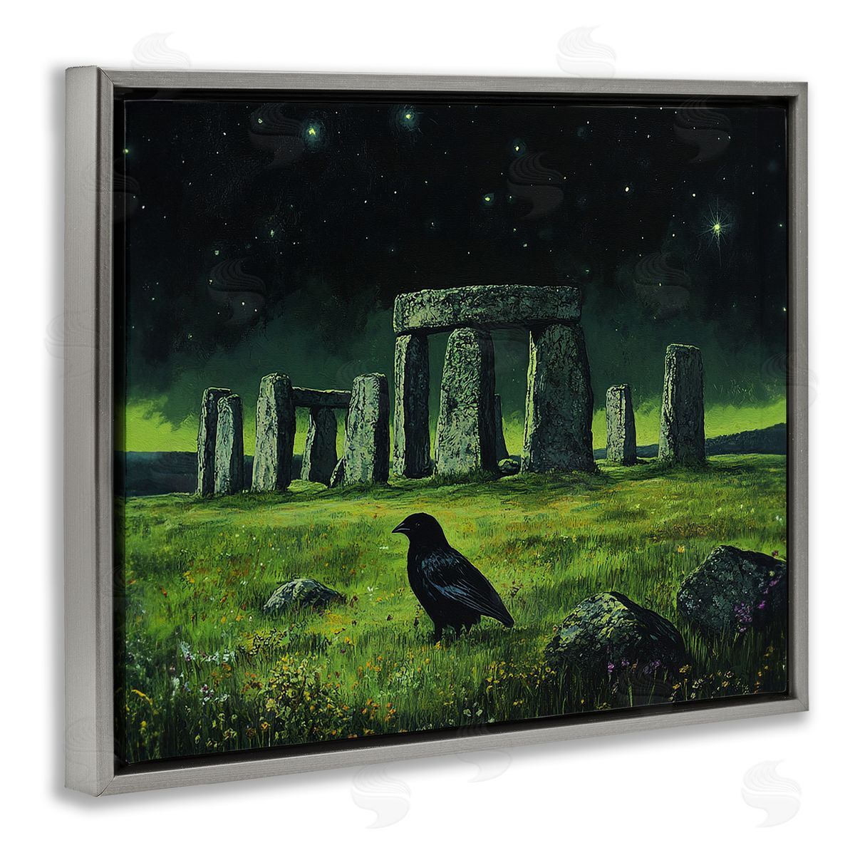 Crow & Stonehenge at Night Grey Floating Frame Canvas Wall Art, Home Decor by Tom Crehan