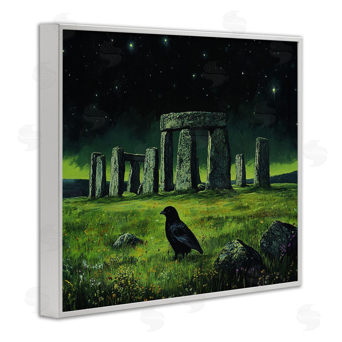 Crow & Stonehenge at Night White Frame Print Wall Art, Home Decor by Tom Crehan