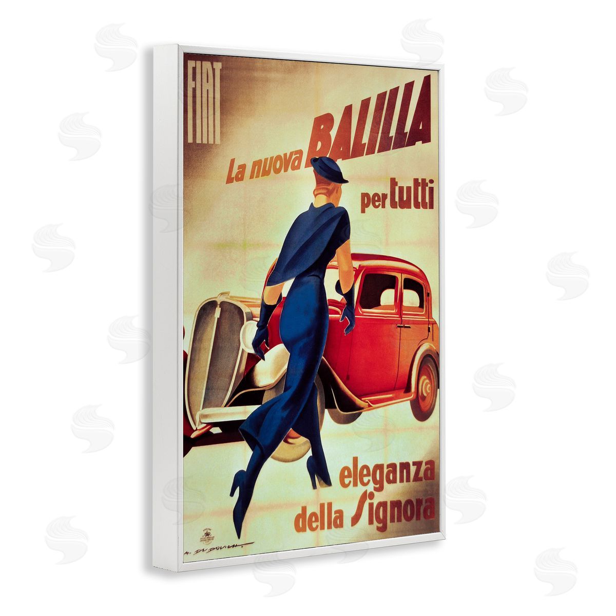 Antique Vehicle & Woman Advertisement White Frame Print Wall Art, Home Decor by Marcus Jules