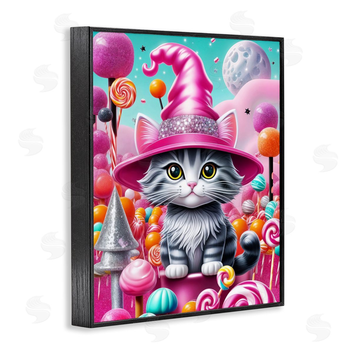 Kitten Among Pink Candies Black Frame Print Wall Art, Home Decor by Tabz Jones