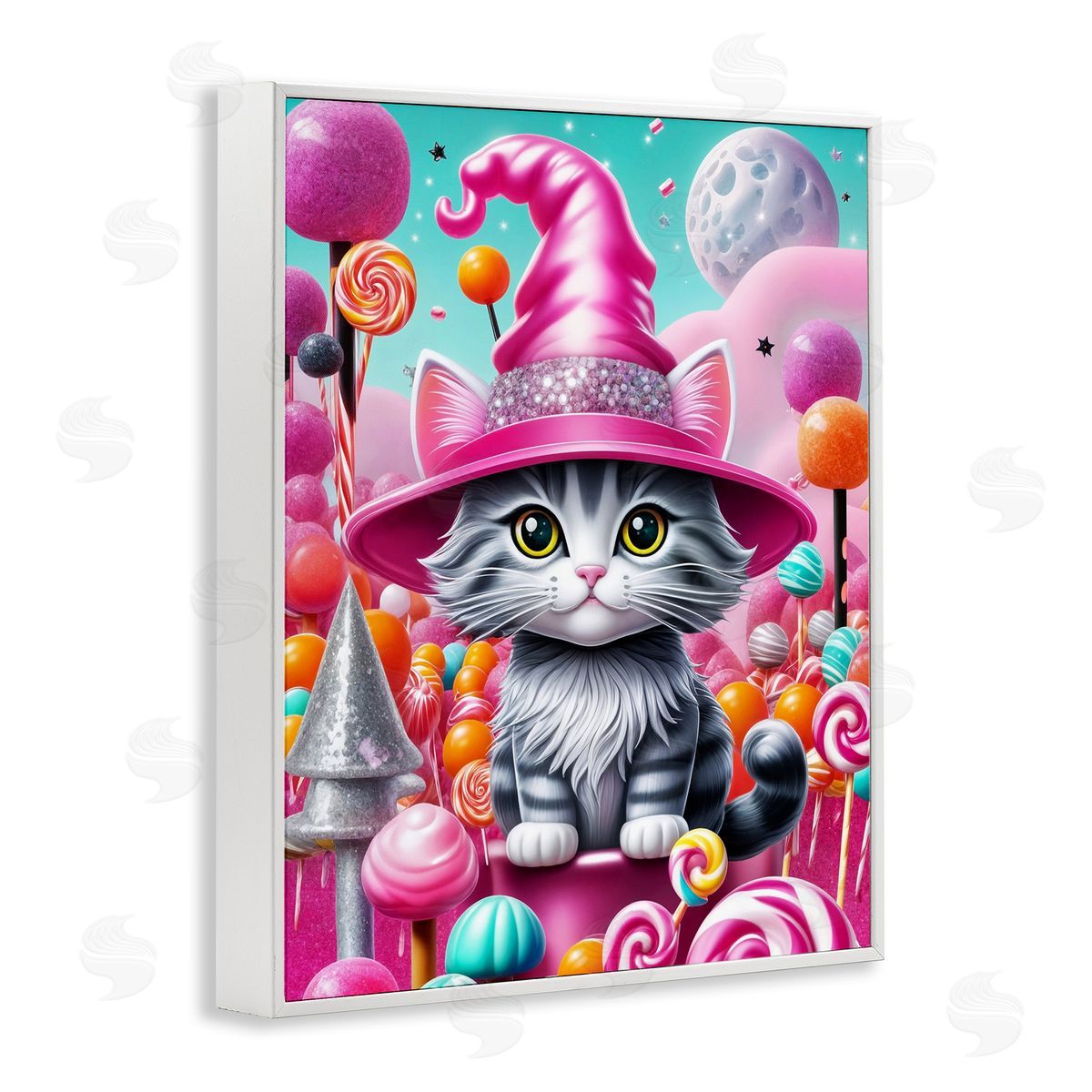 Kitten Among Pink Candies White Frame Print Wall Art, Home Decor by Tabz Jones