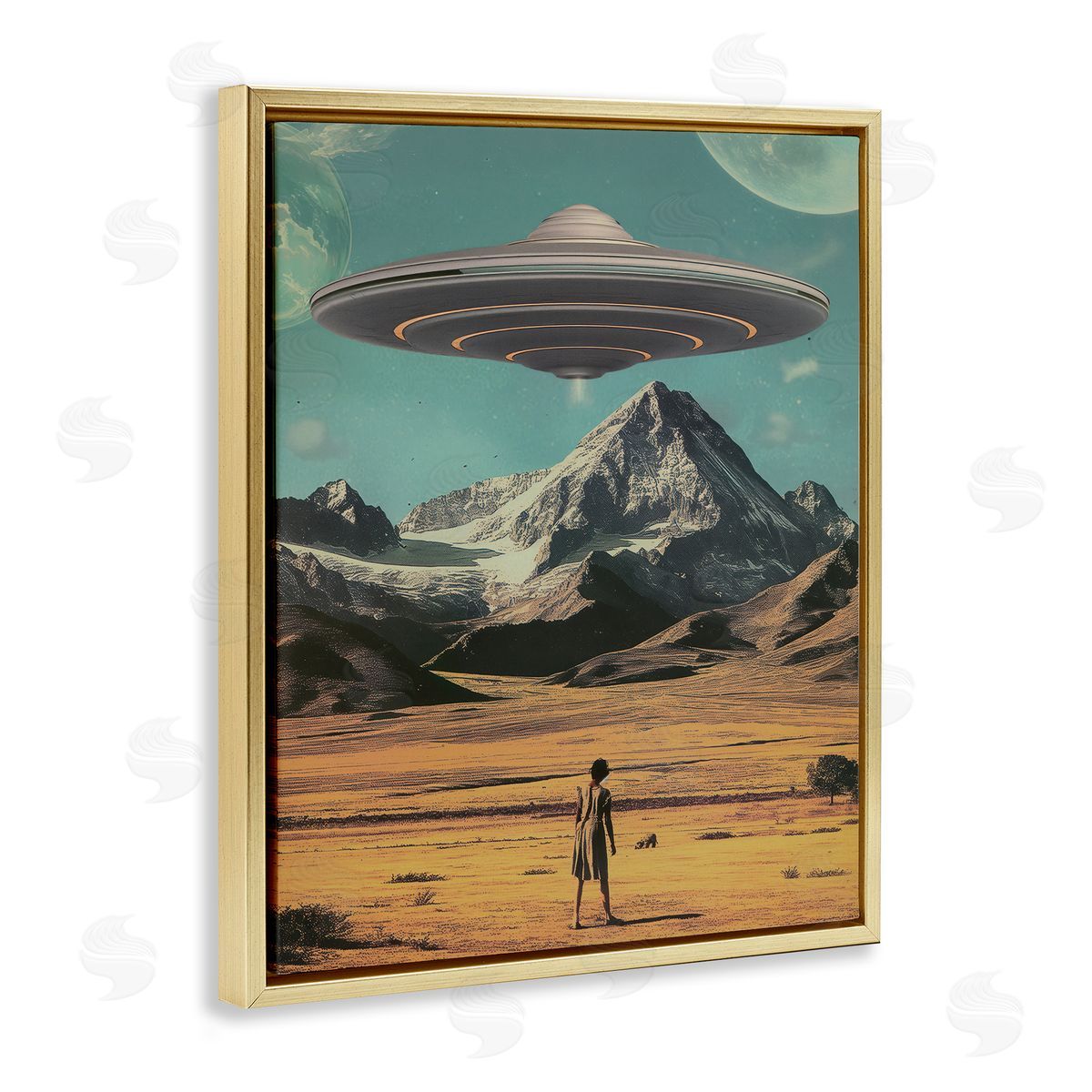 Woman with Overhead UFO Gold Floating Frame Canvas Wall Art, Home Decor by Wumples