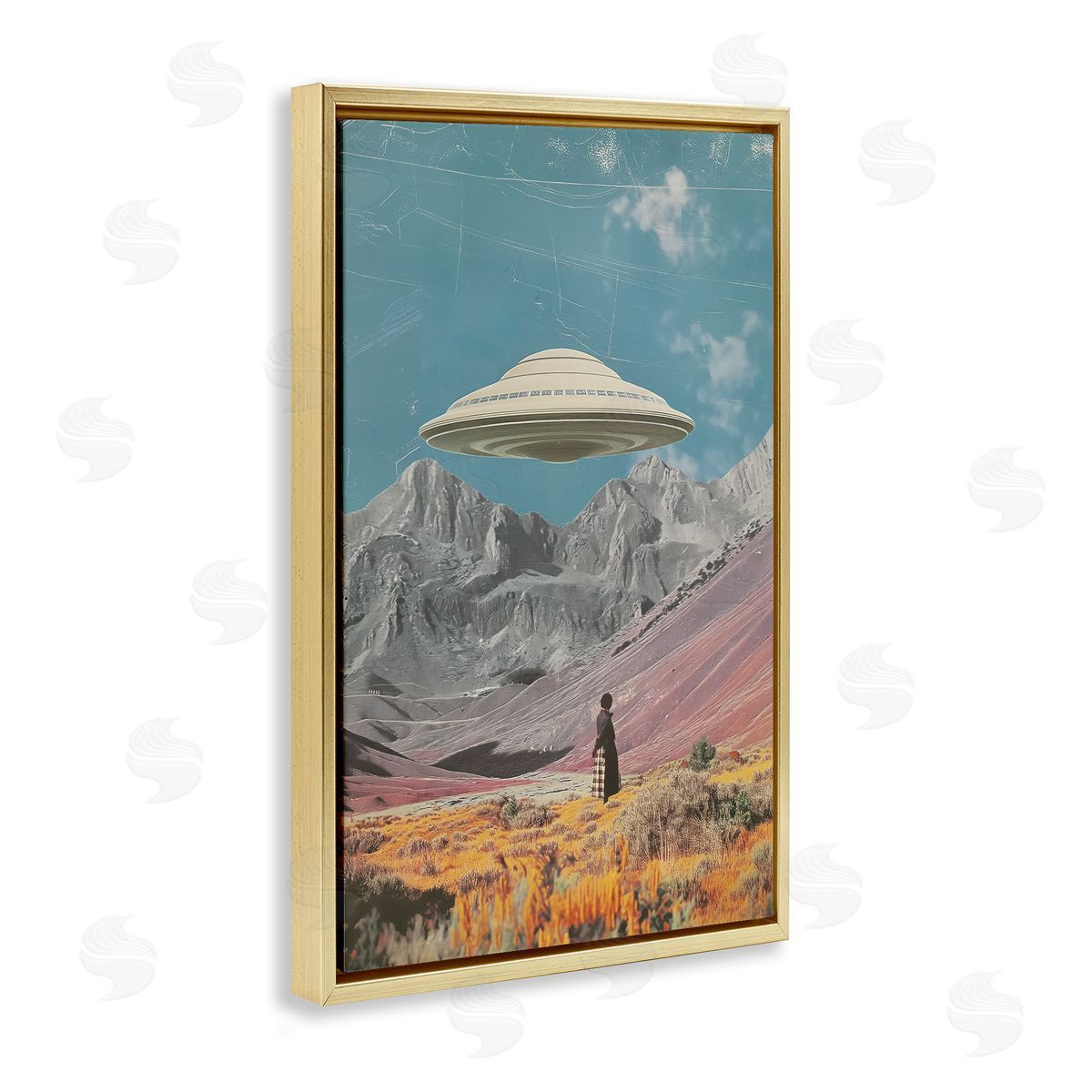 UFO over Mountain Valley Gold Floating Frame Canvas Wall Art, Home Decor by Wumples