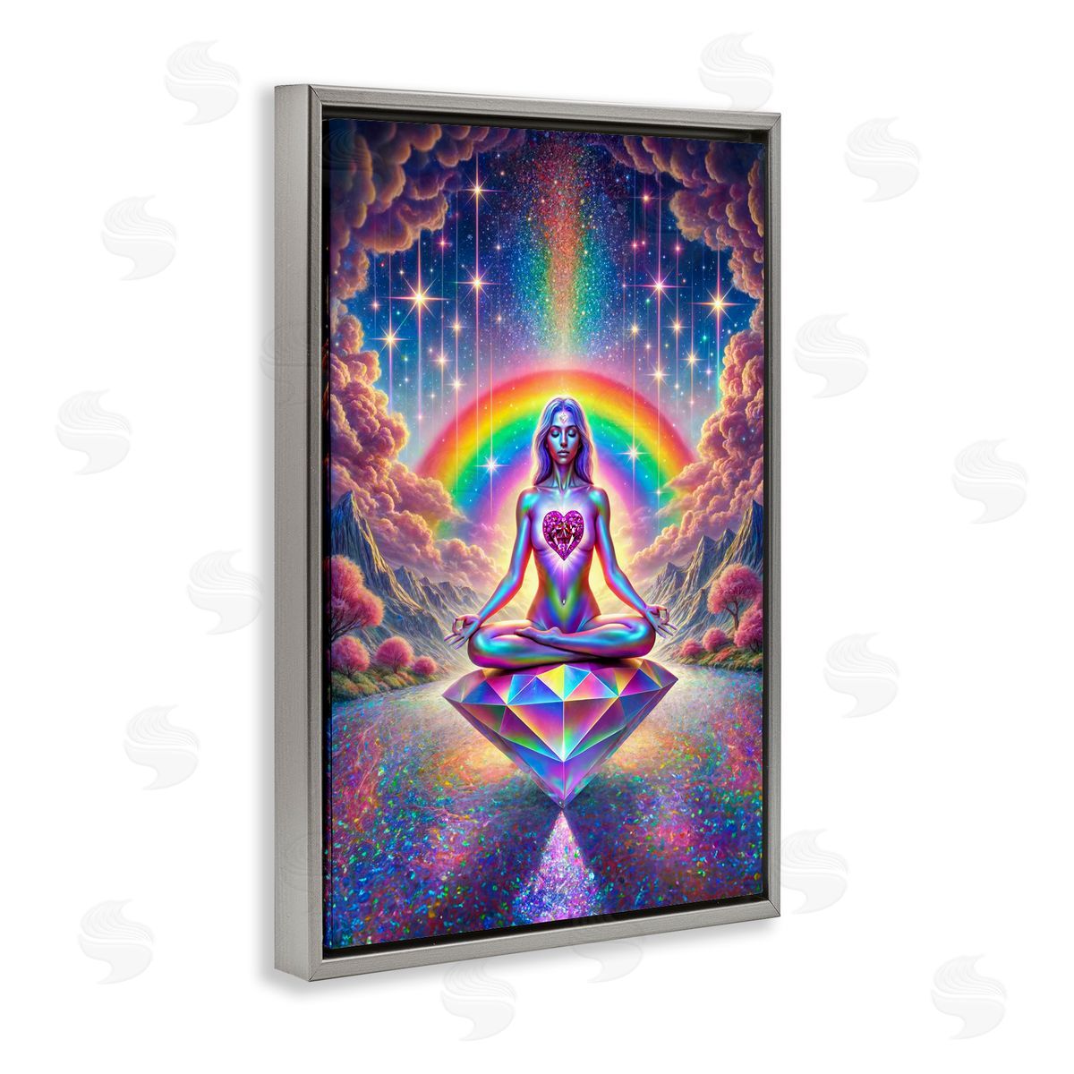 Spiritual Enlightenment Meditation Grey Floating Frame Canvas Wall Art, Home Decor by Spirit of the Rainbow