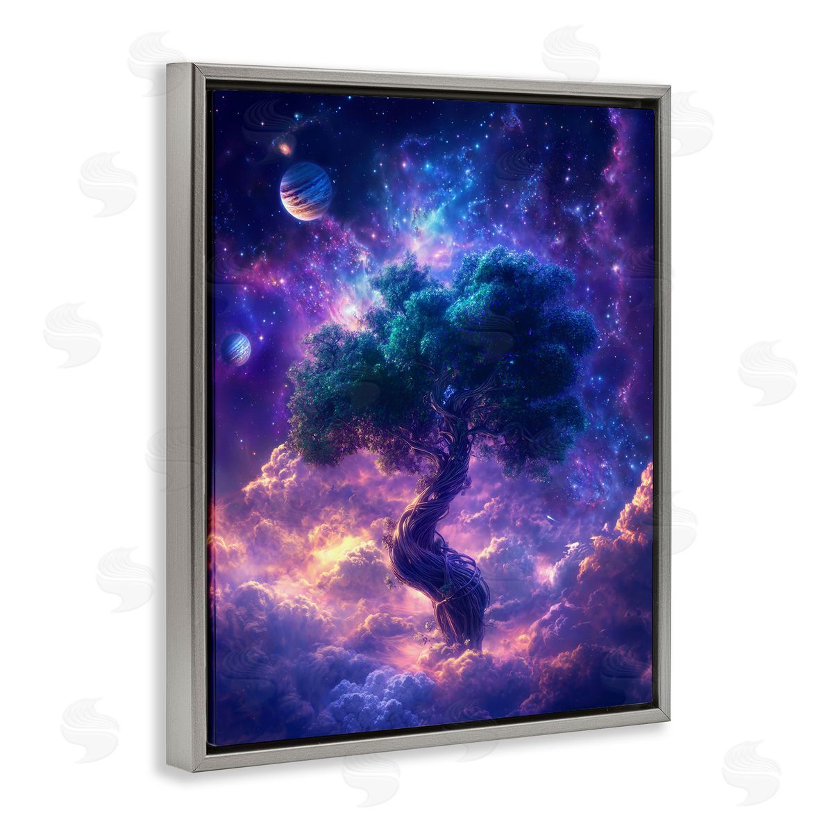 Tree Of Life Through Clouds Grey Floating Frame Canvas Wall Art, Home Decor by Wumples