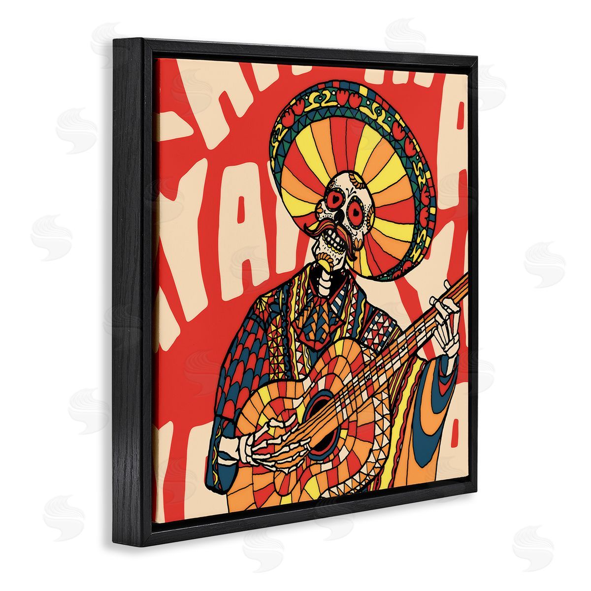 Day Of Dead Guitarist Skeleton Black Floating Frame Canvas Wall Art, Home Decor by Ali Gulec