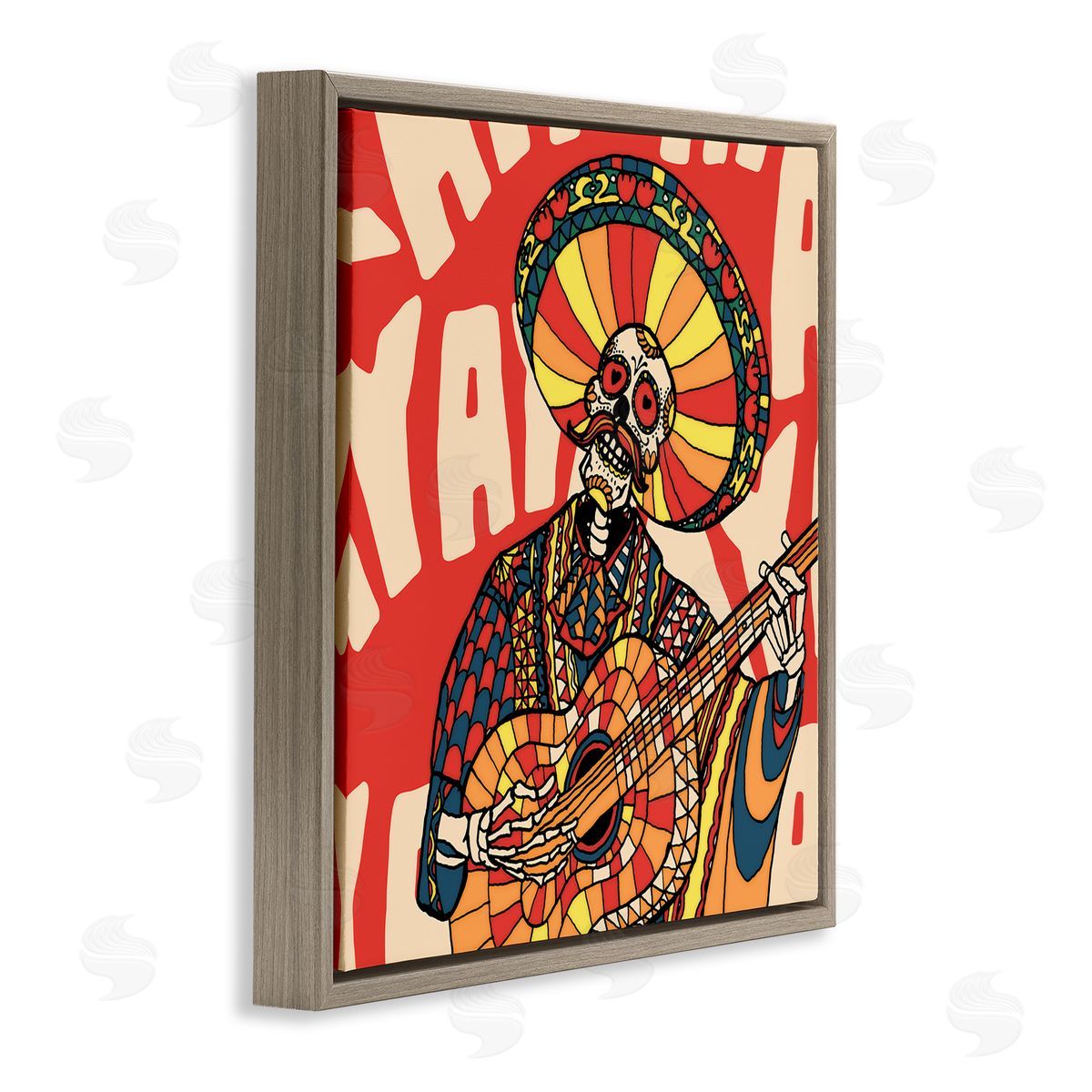 Day Of Dead Guitarist Skeleton Brown Floating Frame Canvas Wall Art, Home Decor by Ali Gulec