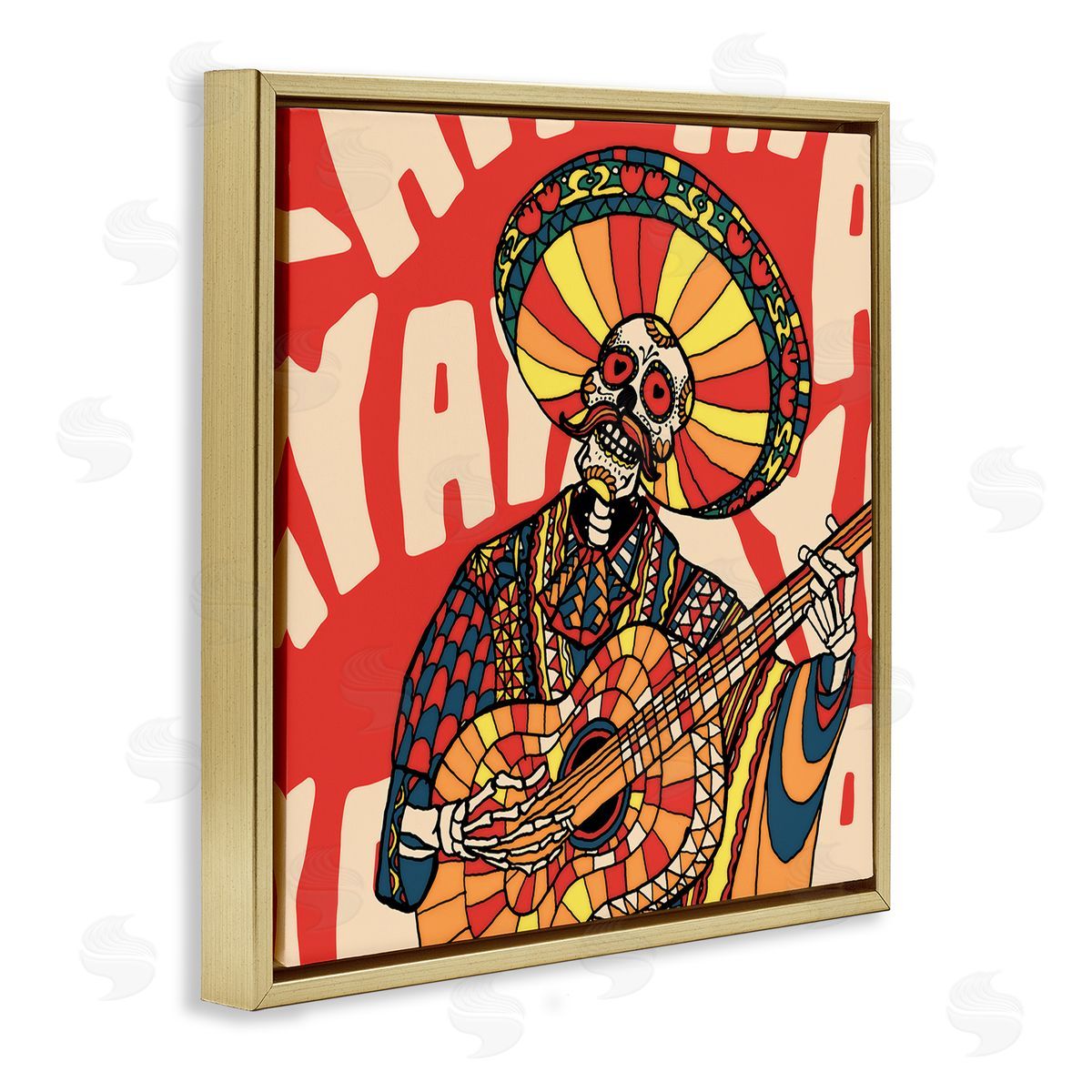 Day Of Dead Guitarist Skeleton Gold Floating Frame Canvas Wall Art, Home Decor by Ali Gulec