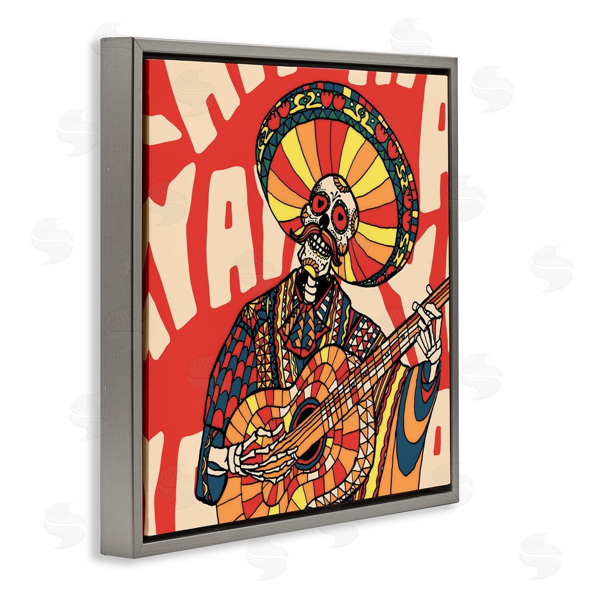 Day Of Dead Guitarist Skeleton Grey Floating Frame Canvas Wall Art, Home Decor by Ali Gulec