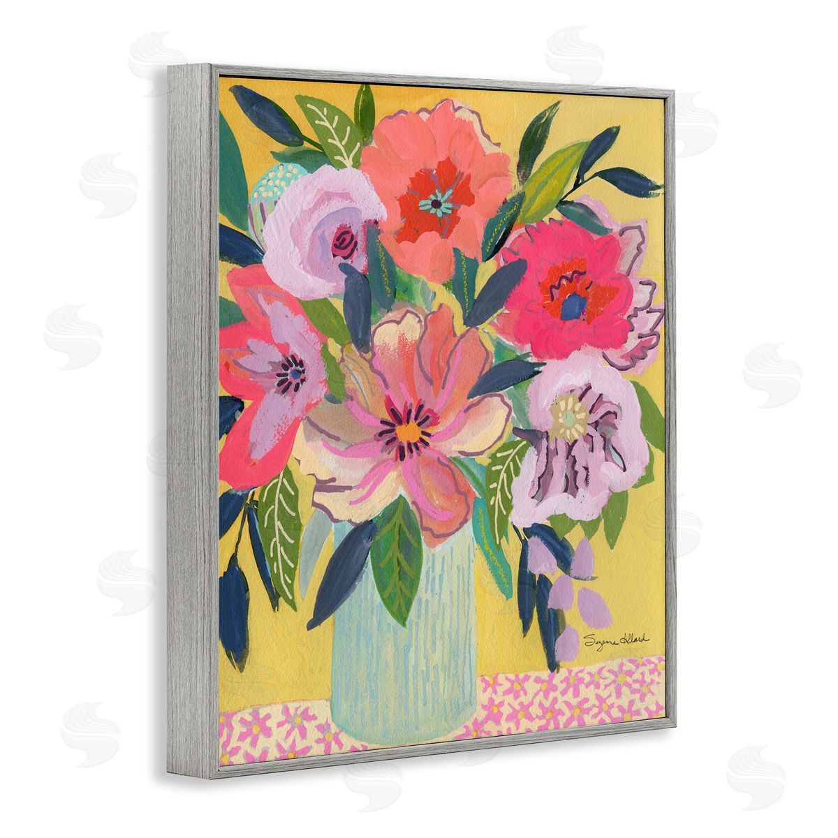 Vibrant Pink Bouquet on Yellow Grey Frame Print Wall Art, Home Decor by Suzanne Allard