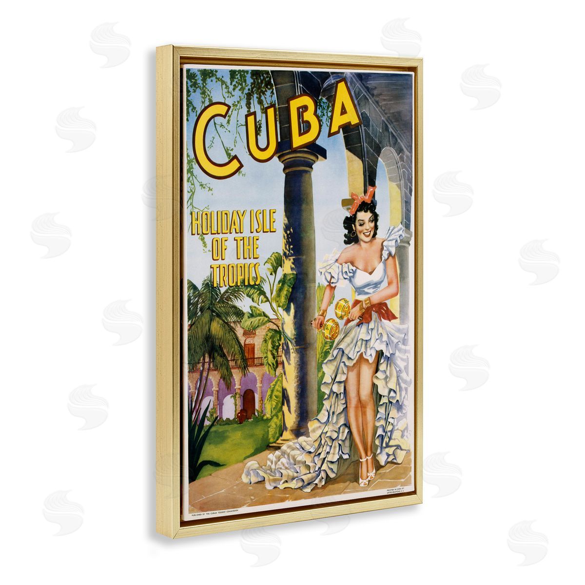 Cuba Travel Advertisement Gold Floating Frame Canvas Wall Art, Home Decor by Marcus Jules