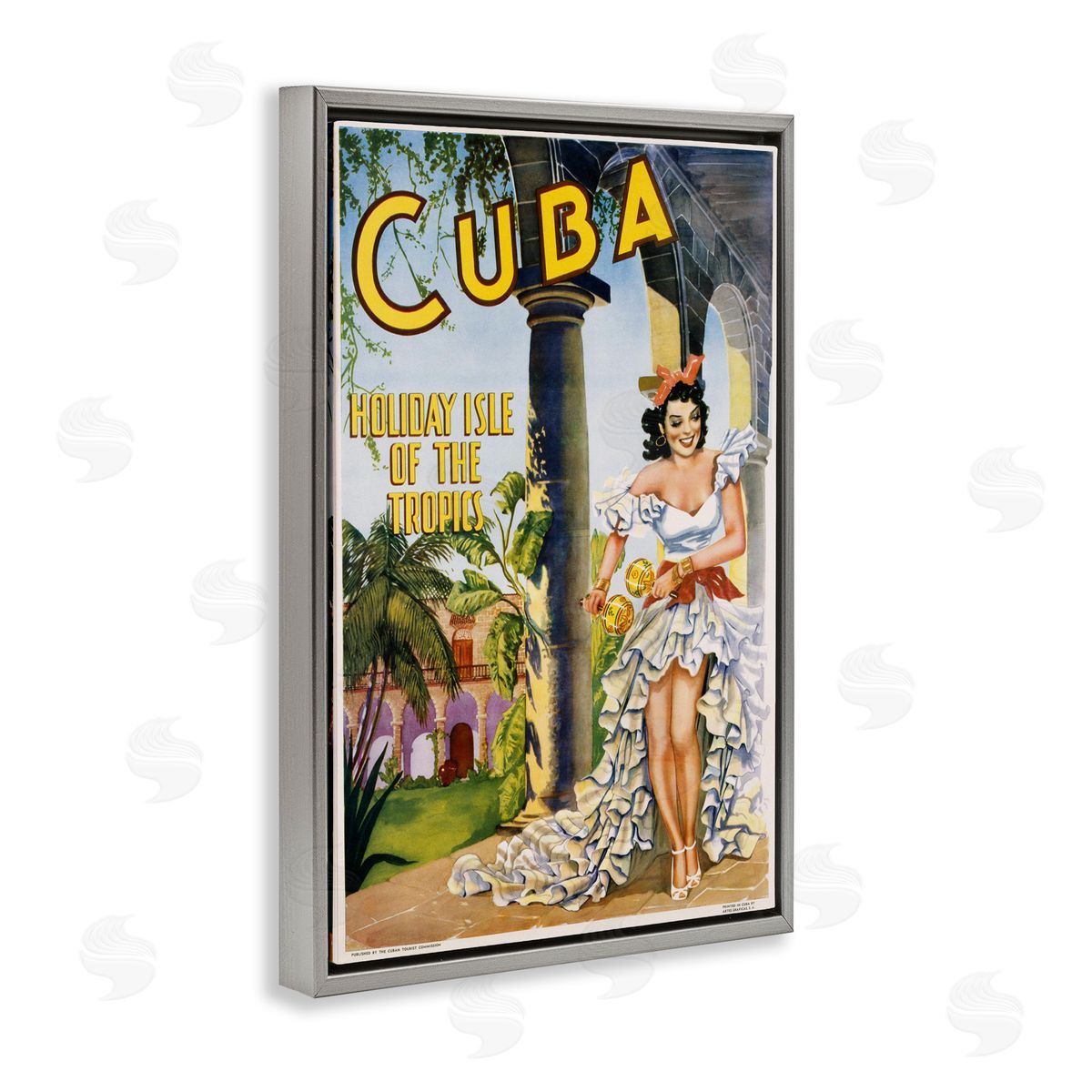 Cuba Travel Advertisement Grey Floating Frame Canvas Wall Art, Home Decor by Marcus Jules