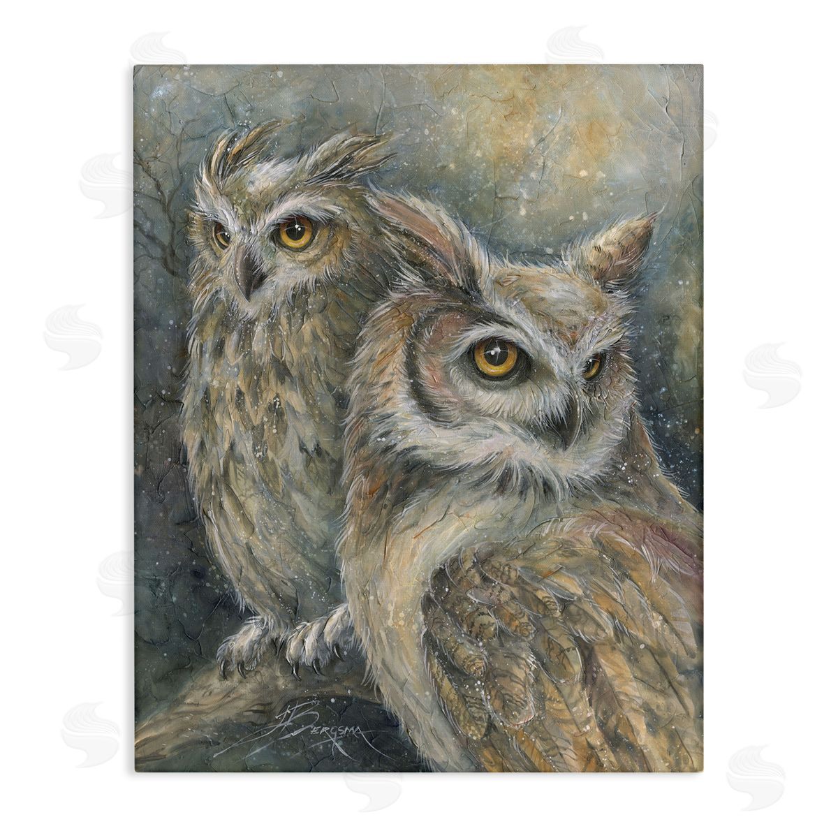 Neutral Feathered Owl Pair Canvas Wall Art, Home Decor by Jody Bergsma