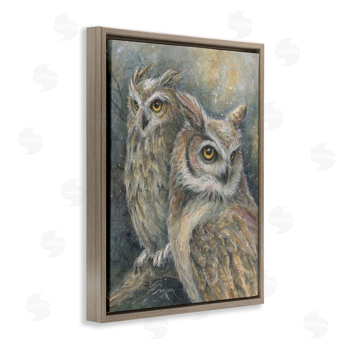 Neutral Feathered Owl Pair Brown Floating Frame Canvas Wall Art, Home Decor by Jody Bergsma