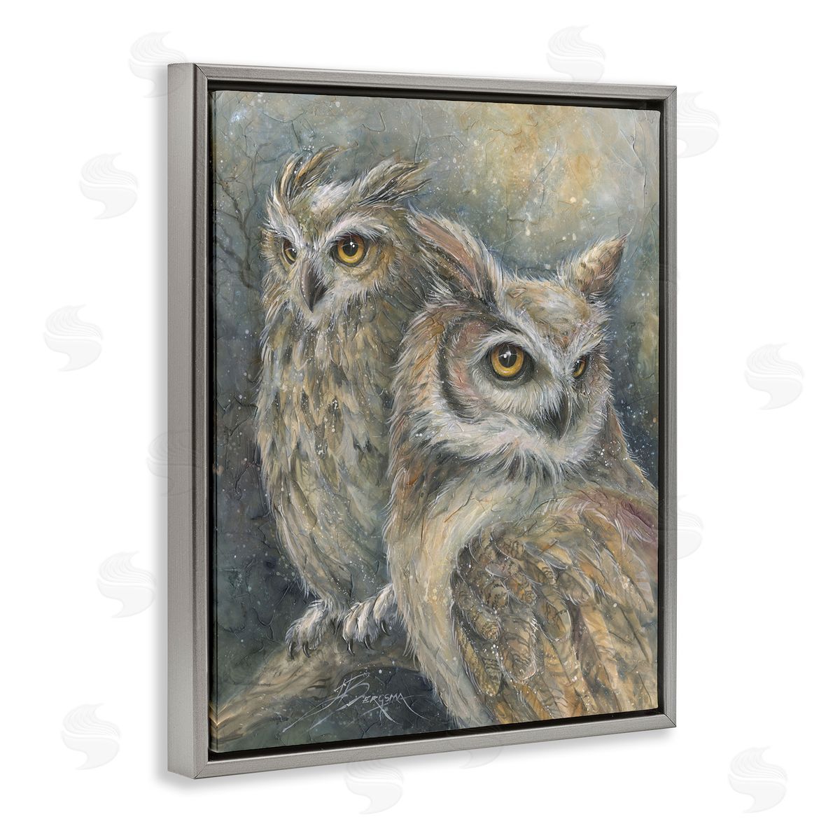 Neutral Feathered Owl Pair Grey Floating Frame Canvas Wall Art, Home Decor by Jody Bergsma