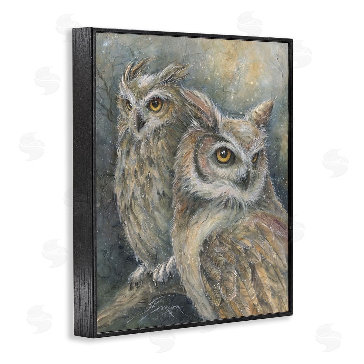 Neutral Feathered Owl Pair Black Frame Print Wall Art, Home Decor by Jody Bergsma