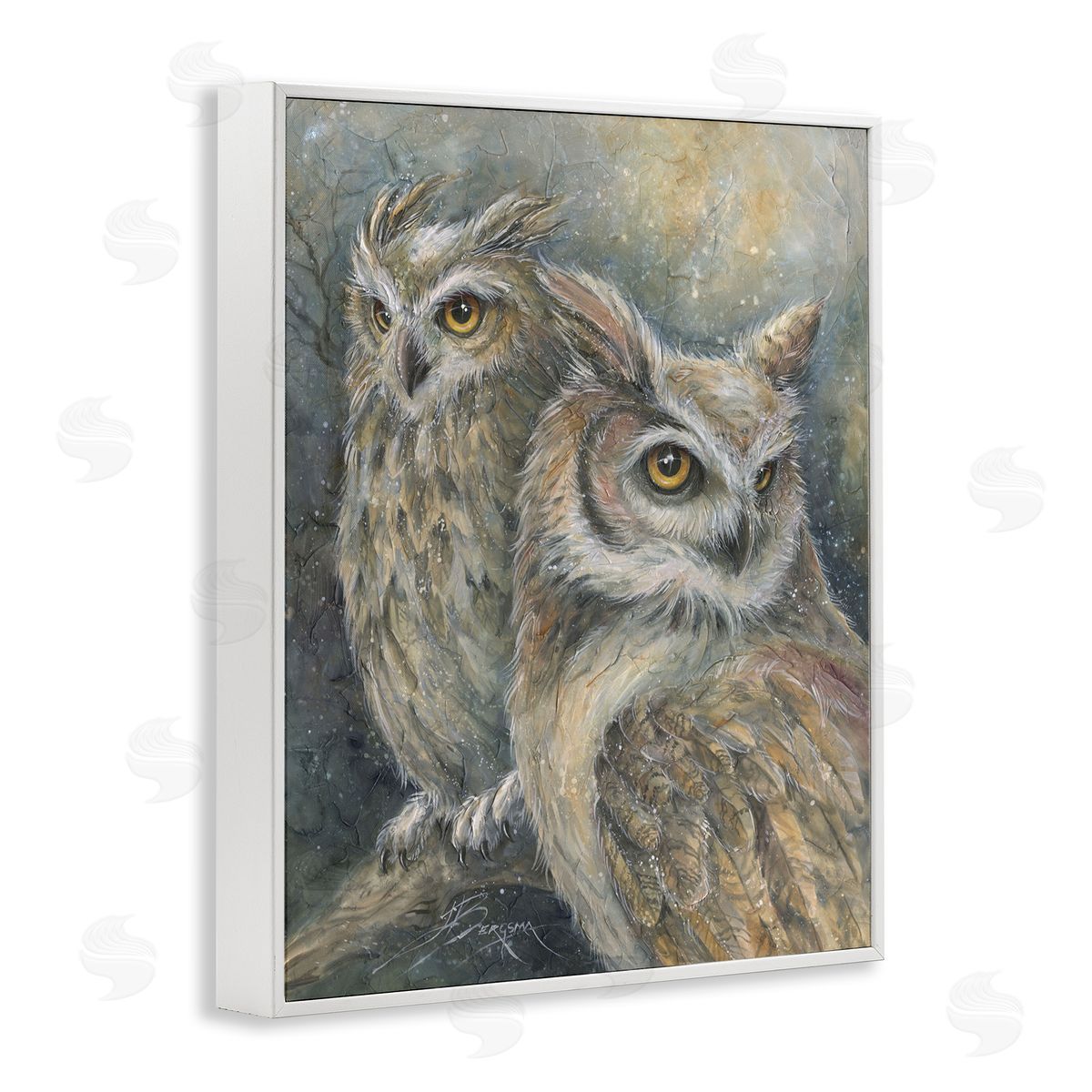 Neutral Feathered Owl Pair White Frame Print Wall Art, Home Decor by Jody Bergsma