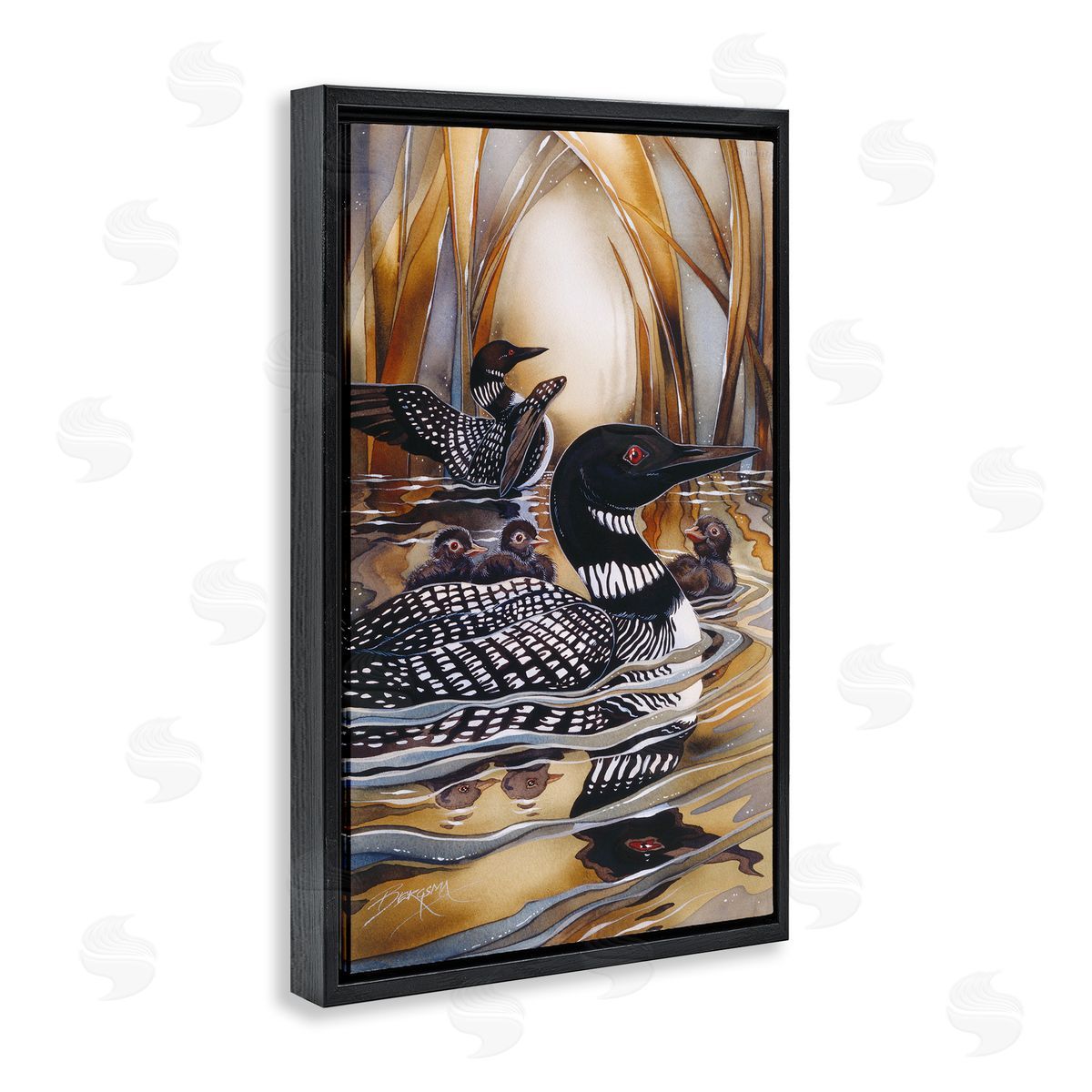 Loon Family Among Pond Ripples Black Floating Frame Canvas Wall Art, Home Decor by Jody Bergsma