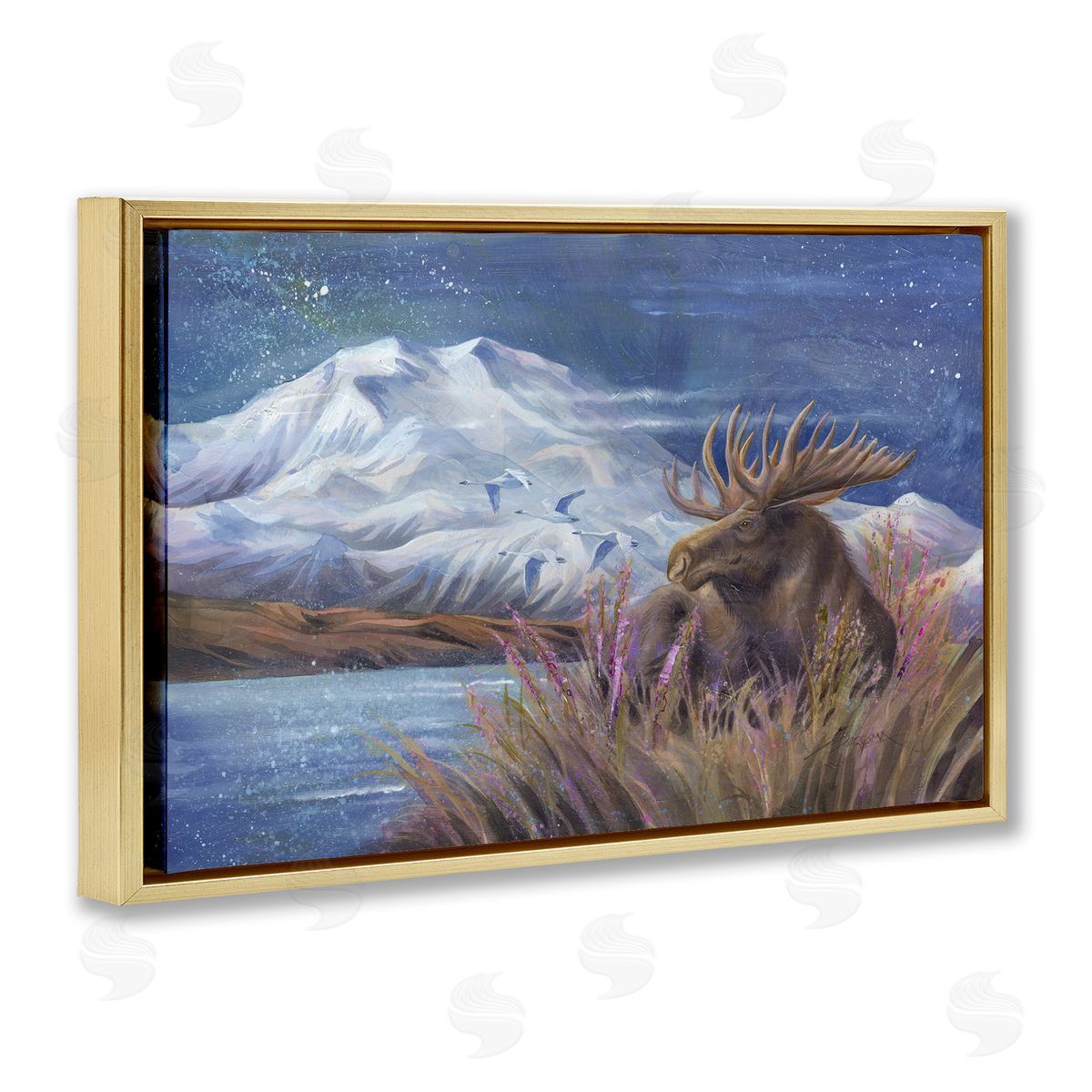 Moose & Snowy White Mountain Gold Floating Frame Canvas Wall Art, Home Decor by Jody Bergsma