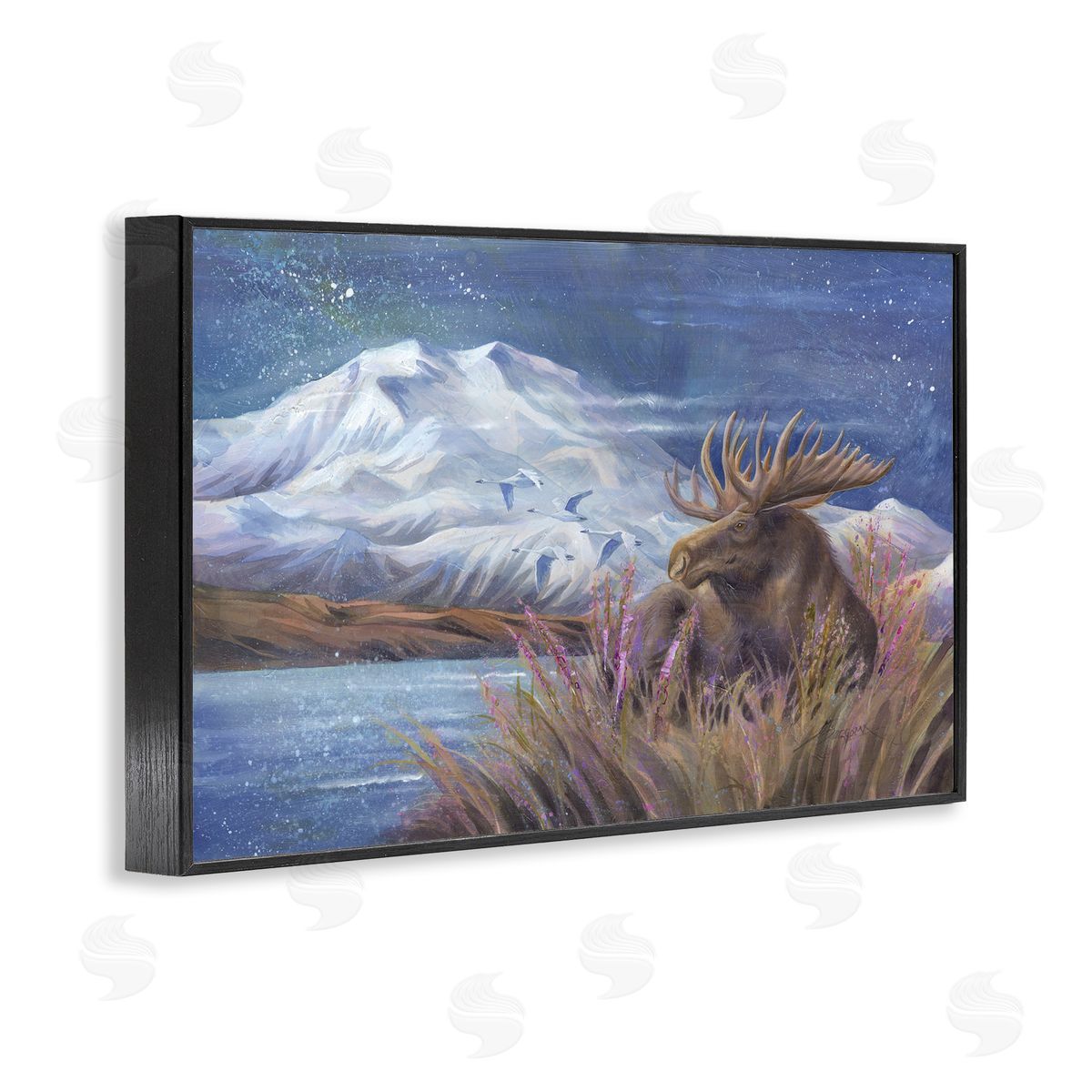 Moose & Snowy White Mountain Black Frame Print Wall Art, Home Decor by Jody Bergsma