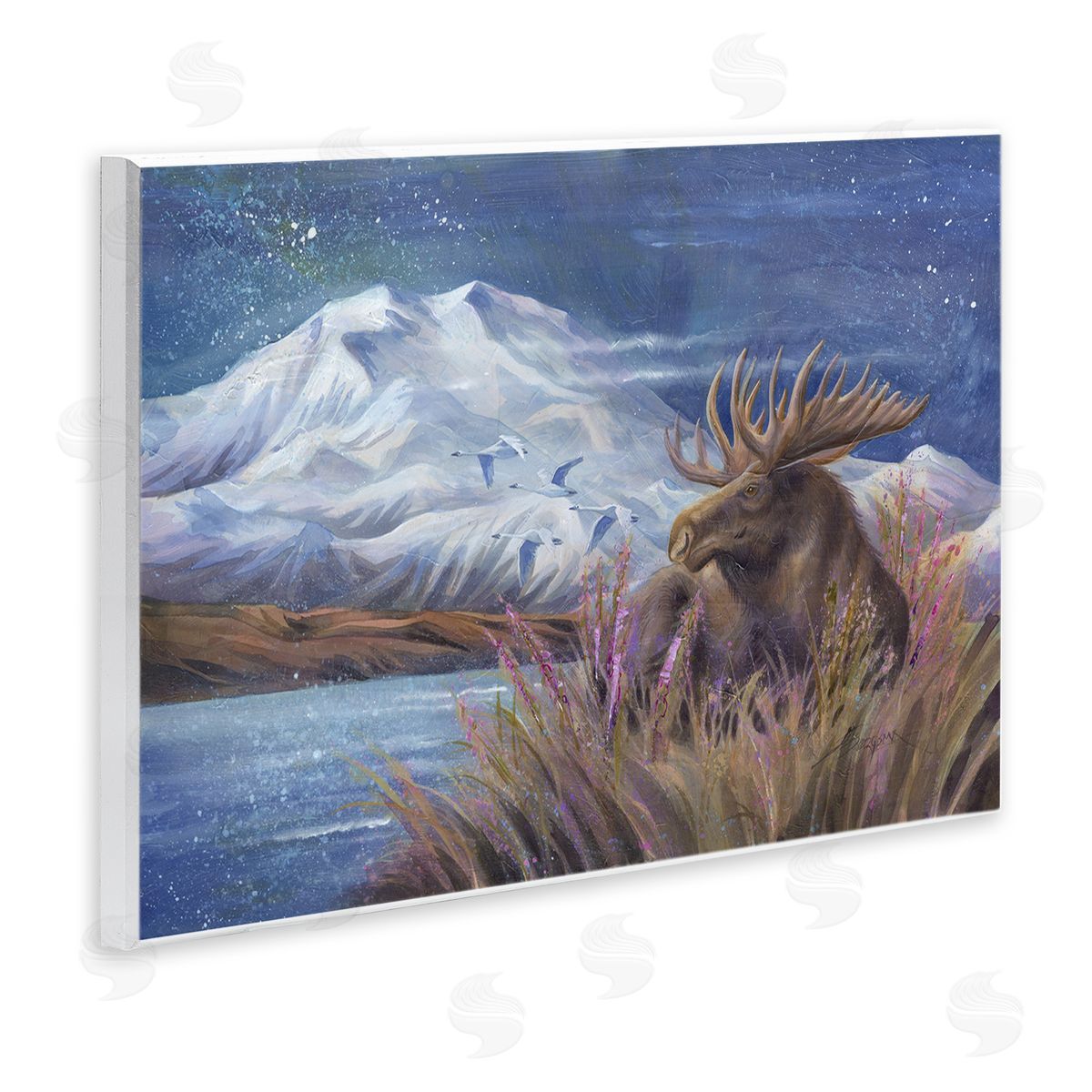 Moose & Snowy White Mountain Wood Plaque Wall Art, Home Decor by Jody Bergsma