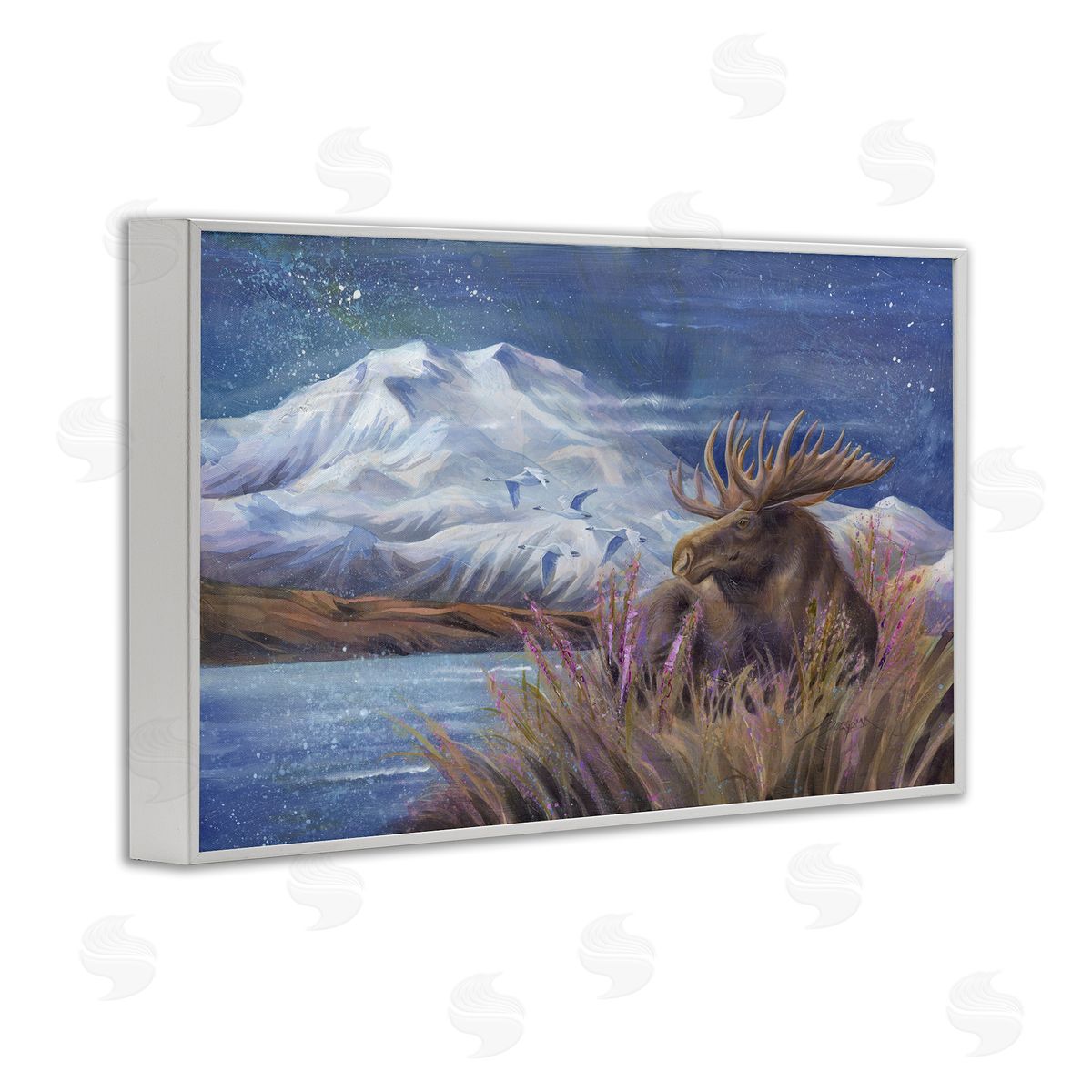 Moose & Snowy White Mountain White Frame Print Wall Art, Home Decor by Jody Bergsma