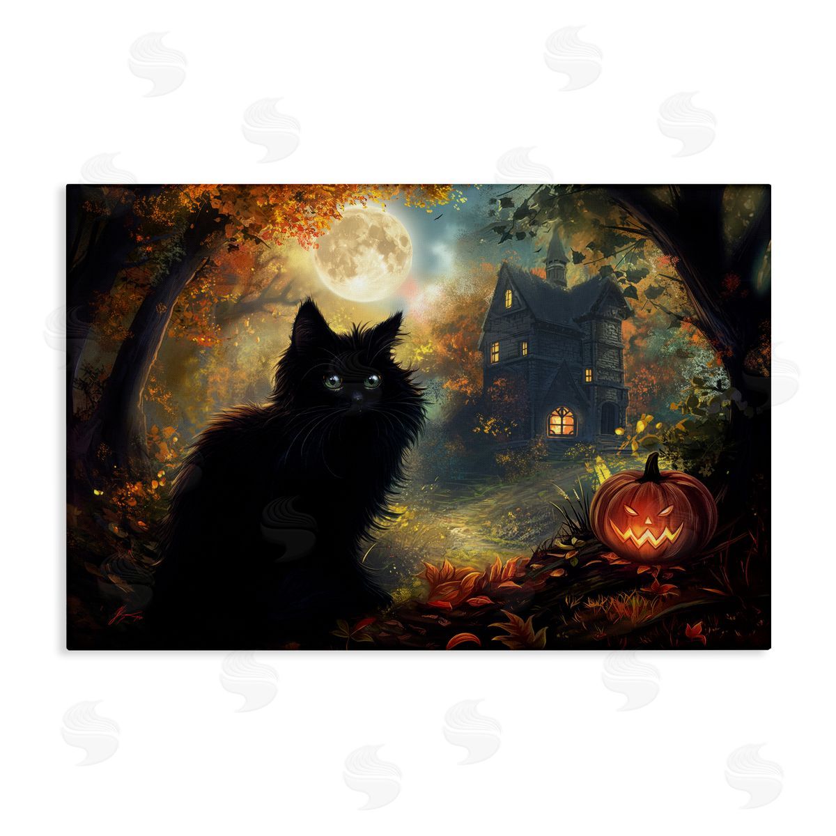 Black Cat & Haunted Mansion Canvas Wall Art, Home Decor by Wumples