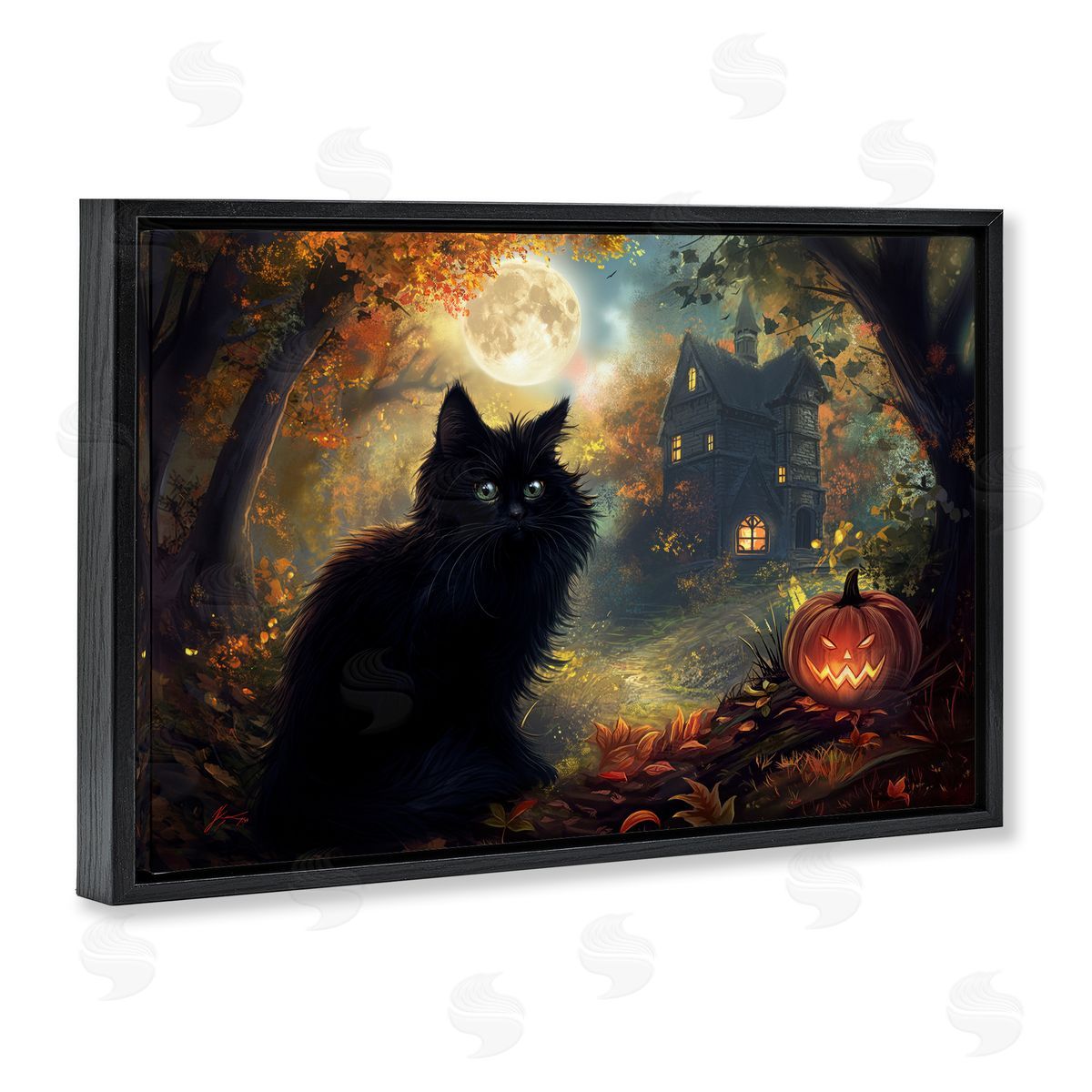 Black Cat & Haunted Mansion Black Floating Frame Canvas Wall Art, Home Decor by Wumples
