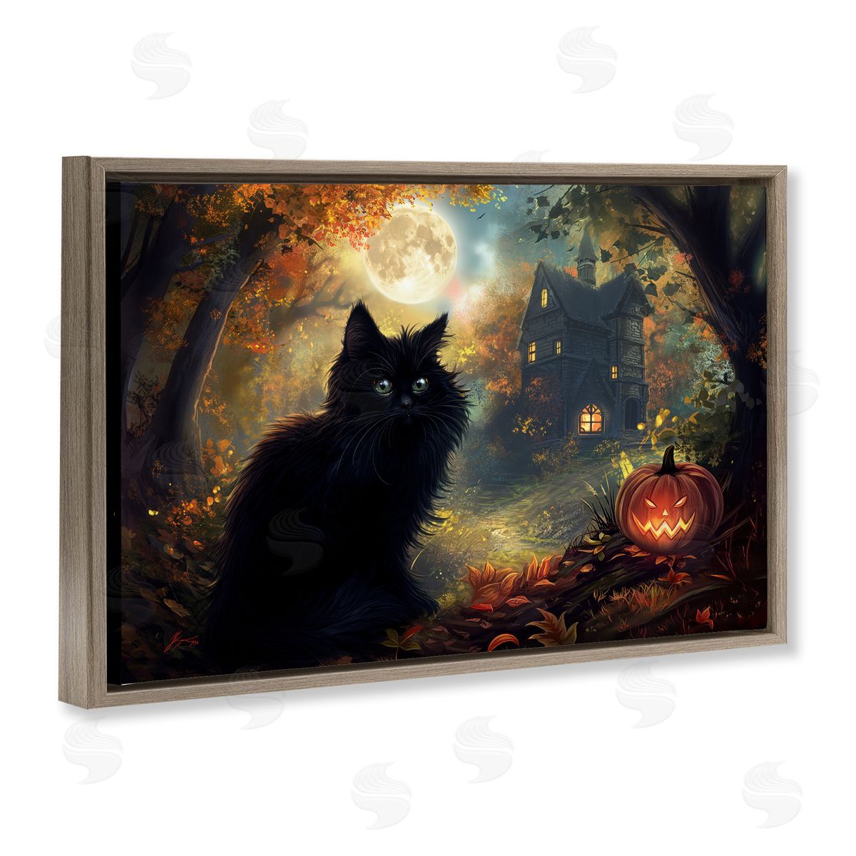 Black Cat & Haunted Mansion Brown Floating Frame Canvas Wall Art, Home Decor by Wumples