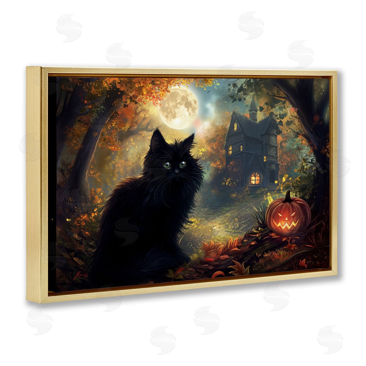 Black Cat & Haunted Mansion Gold Floating Frame Canvas Wall Art, Home Decor by Wumples
