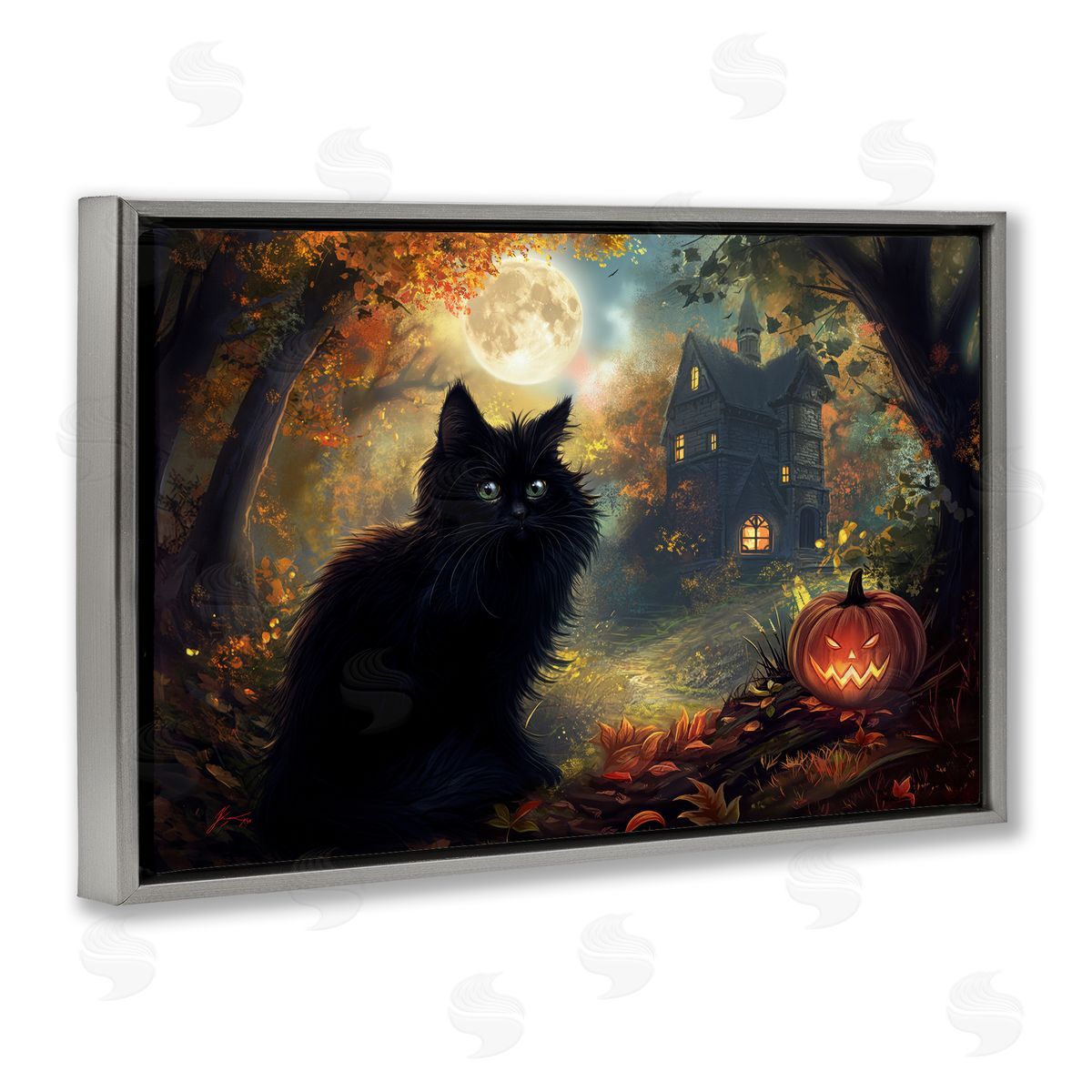 Black Cat & Haunted Mansion Grey Floating Frame Canvas Wall Art, Home Decor by Wumples