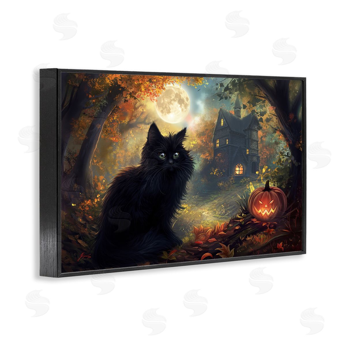 Black Cat & Haunted Mansion Black Frame Print Wall Art, Home Decor by Wumples